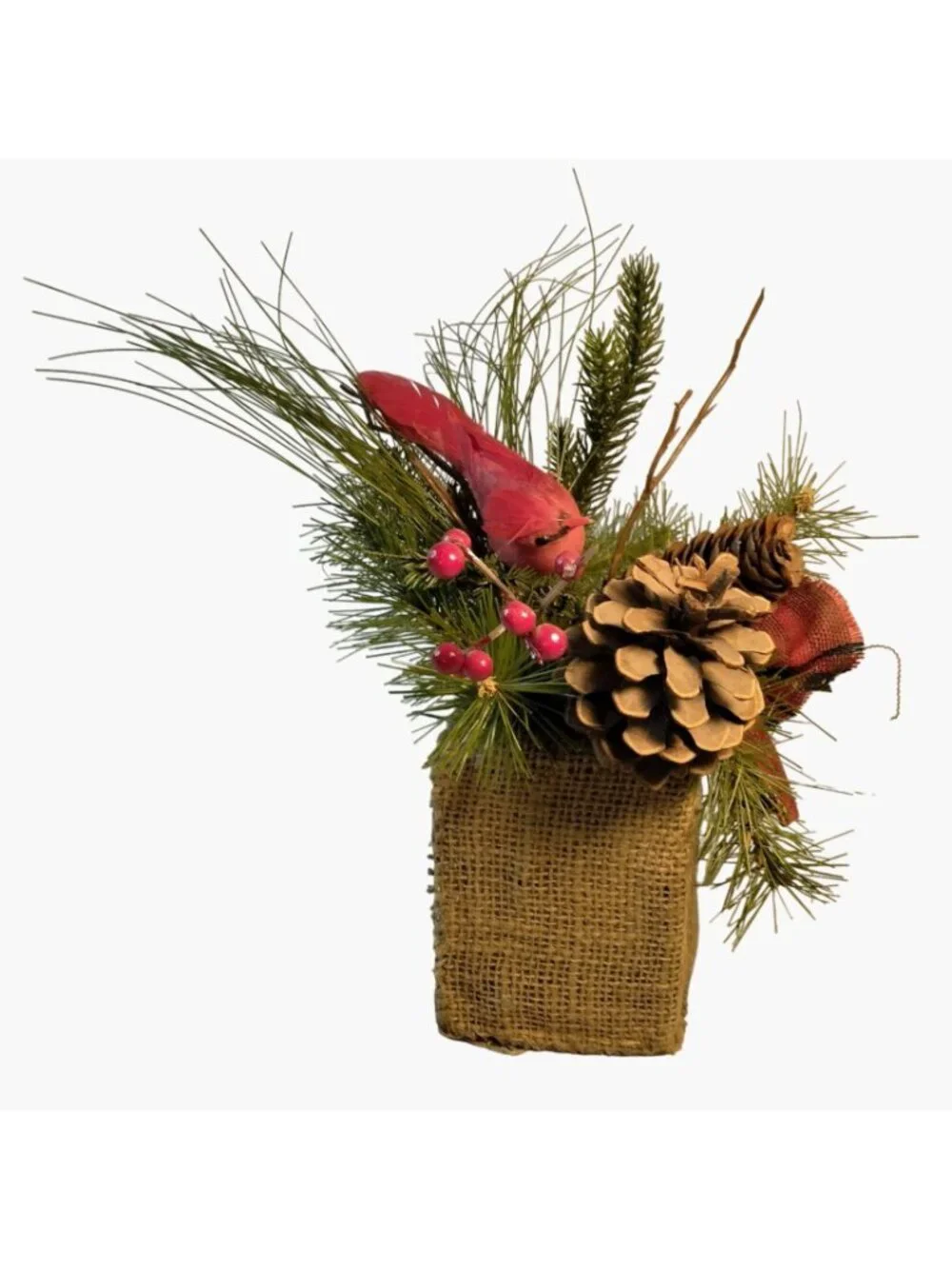 Rustic Burlap Christmas Evergreen Centerpiece Cardinal Pinecones Winter Decor
